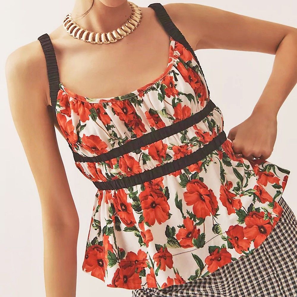 Maeve Anthropologie Ditali Open-Back Tank Size XS Red White Floral Cotton Rayon